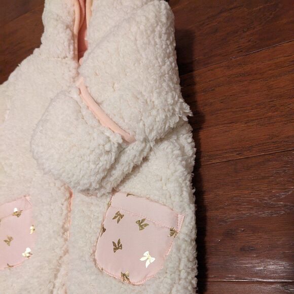 Jessica Simpson 3-6M Sherpa Fleece Baby Bunting Hooded Romper White Pink Winter - Picture 5 of 9